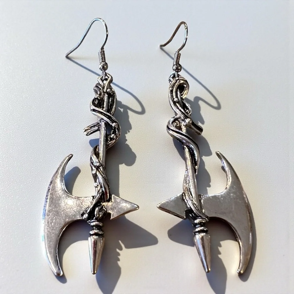 Silver Toned Battle Axe Earrings